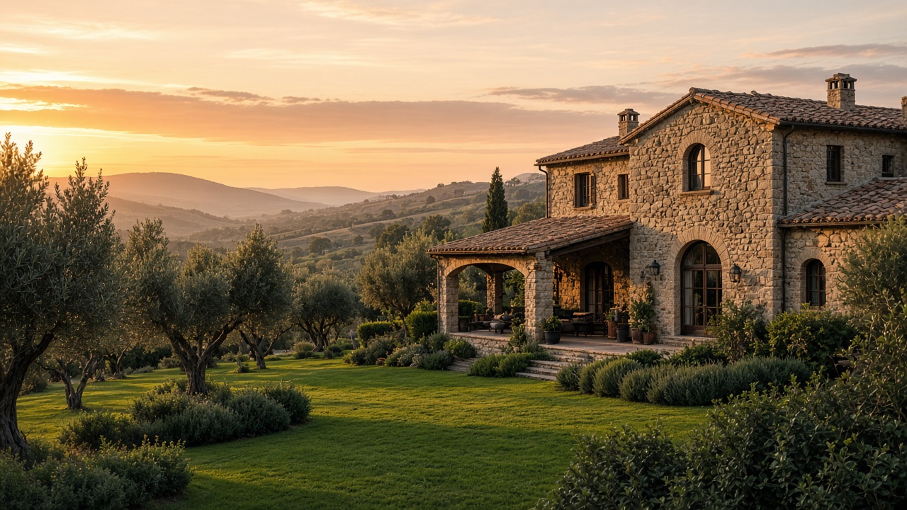 Finca mediterránea con jardín y fachada de piedra al atardecer